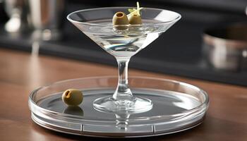 Fresh martini glass with a green olive, a symbol of elegance generated by AI photo