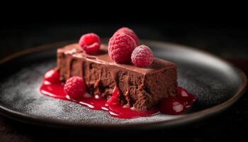 A homemade gourmet dessert, a slice of chocolate cheesecake with raspberry sauce generated by AI photo