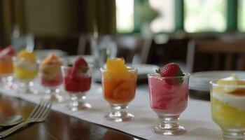 Fresco Fruta postre en un de madera mesa, sano y indulgente generado por ai foto