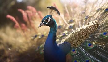 A vibrant peacock displays its majestic beauty in nature elegance generated by AI photo