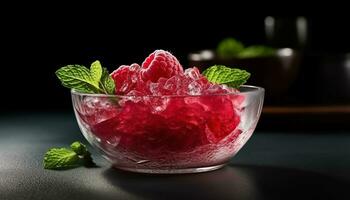 Fresh fruit dessert raspberry, strawberry, blueberry, mint leaf, yogurt, ice cream generated by AI photo