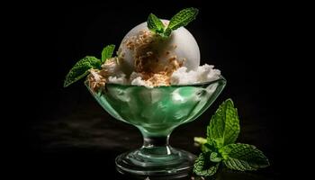 Mint leaf culinary dessert, ice fruit bowl, sweet food freshness generated by AI photo