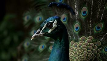 A vibrant peacock displays its majestic beauty in nature elegance generated by AI photo