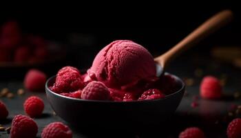 Freshness and sweetness in a bowl of raspberry ice cream dessert generated by AI photo