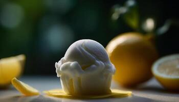 Fresh lemon slice on wooden table, a refreshing summer snack generated by AI photo