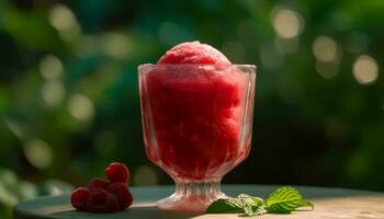 Fresh raspberry dessert on wooden table, a summer refreshment delight generated by AI photo