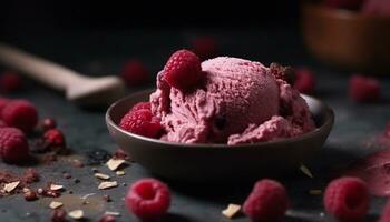 Raspberry dessert, ice cream, fruit, sweet food, frozen gourmet generated by AI photo