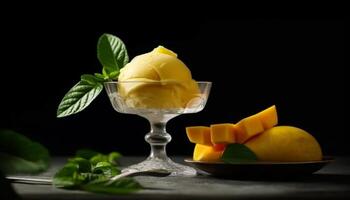 Fresh lemon slice in a yellow cocktail glass with mint leaf generated by AI photo