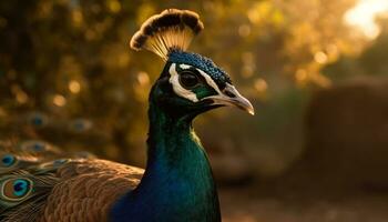 Majestic peacock displays vibrant colors in nature elegant portrait generated by AI photo