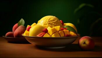 Freshness and sweetness in a bowl of healthy summer fruit generated by AI photo