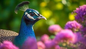 A vibrant peacock displays its majestic beauty in nature colors generated by AI photo