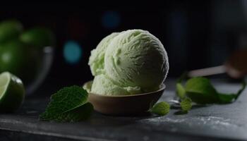 Freshness and sweetness in a bowl of mint ice cream generated by AI photo