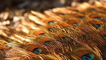 Vibrant peacock feathers showcase elegance and beauty in nature design generated by AI photo