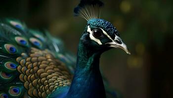 A vibrant peacock displays its majestic beauty in nature elegance generated by AI photo