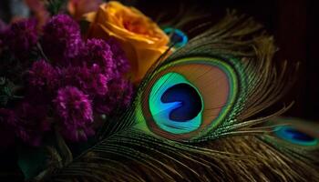 Feathered elegance vibrant peacock displays majestic beauty in nature generated by AI photo