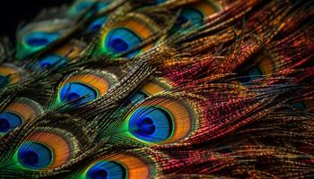 Vibrant colored peacock feather showcases nature beauty in abstract patterns generated by AI photo