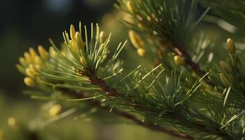 cerca arriba de un verde conífero árbol rama en naturaleza generado por ai foto