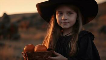 A cute girl sitting outdoors, holding a pumpkin, smiling at sunset generated by AI photo