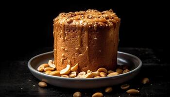 Homemade gourmet dessert Dark chocolate almond slice on wooden plate generated by AI photo