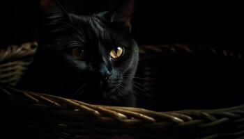 Cute kitten sitting, looking at camera, with fluffy striped fur generated by AI photo