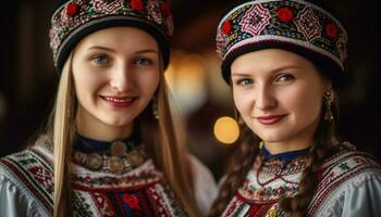 dos joven mujer en tradicional ropa sonriente a el cámara generado por ai foto
