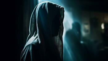 un escalofriante silueta camina en el oscuro, vistiendo un religioso velo generado por ai foto