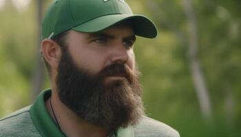 un seguro, sonriente hombre con un barba en un verde bosque generado por ai foto