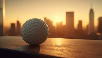 Golf ball shines in the sunset, cityscape in the background generated by AI photo