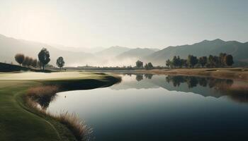 Tranquil scene nature beauty in green landscape, mountain range reflection generated by AI photo