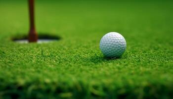 golf pelota en verde césped, al aire libre ocio actividad, cerca arriba Disparo generado por ai foto