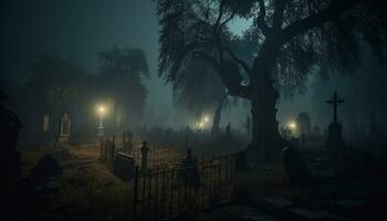 Spooky fog, dark horror night, mystery tree, Halloween outdoors generated by AI photo