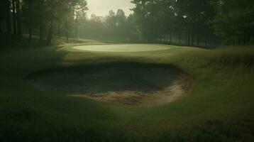 Green grass, golf course, tree, landscape, summer, outdoors, meadow, forest, tranquil scene generated by AI photo