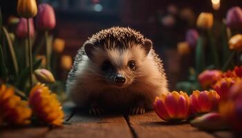 Cute small mammal, hedgehog, looking at camera, surrounded by flowers generated by AI photo