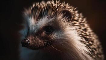 Cute small hedgehog, furry and fluffy, looking at the camera generated by AI photo