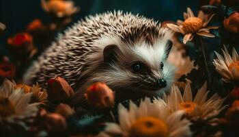 Cute small hedgehog, fluffy fur, looking at camera in nature generated by AI photo