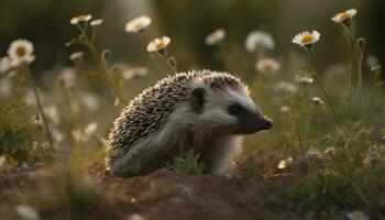 Cute hedgehog in grass, alert meerkat, tranquil summer forest generated by AI photo