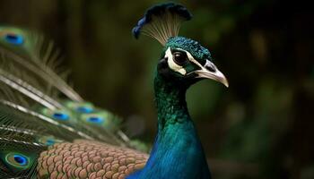 Majestic peacock displays vibrant colors in nature elegant portrait generated by AI photo