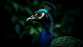 un majestuoso pavo real muestra vibrante colores en naturaleza elegante retrato generado por ai foto