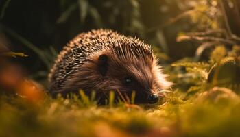 Cute hedgehog in grass, small mammal, nature adorable creature generated by AI photo