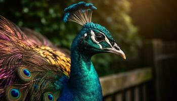 Majestic peacock displays vibrant elegance in nature multi colored portrait generated by AI photo