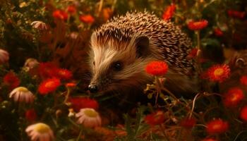 Cute hedgehog smelling flower in the uncultivated grass at night generated by AI photo