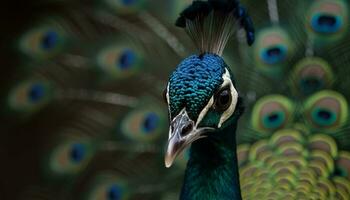 Majestic peacock displays vibrant colors, showcasing nature beauty and elegance generated by AI photo