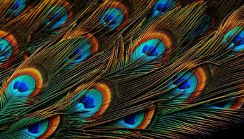 Vibrant colors of peacock feathers showcase nature beauty and elegance generated by AI photo