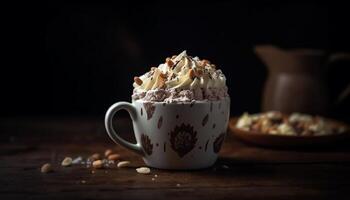 A rustic table with a coffee cup, dessert, and wood generated by AI photo