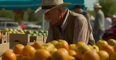 A senior man, farmer, harvesting fresh organic vegetables outdoors generated by AI photo