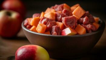 Freshness and variety on a rustic wooden table, healthy vegetarian meal generated by AI photo