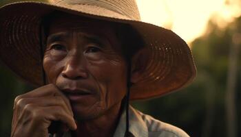 uno sonriente hombre en Paja sombrero, disfrutando Jubilación en naturaleza generado por ai foto