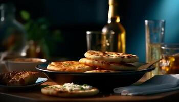 Freshly baked bread and grilled meat on a wooden table generated by AI photo