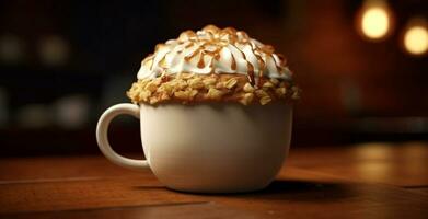 caliente bebida en mesa, cerca arriba de café taza con azotado crema generado por ai foto