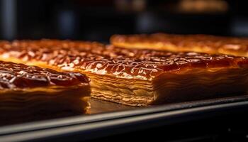 Freshly baked homemade sweet pie on rustic wooden table generated by AI photo